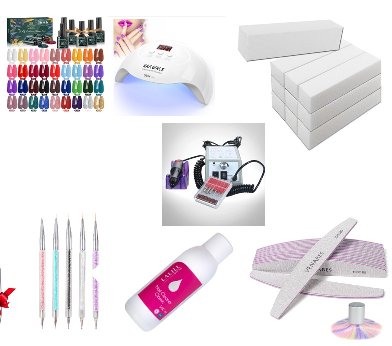 Kit completo para cuidados de unhas com vernizes, lâmpada UV, lixas, aparelho elétrico, ferramentas e acetona.