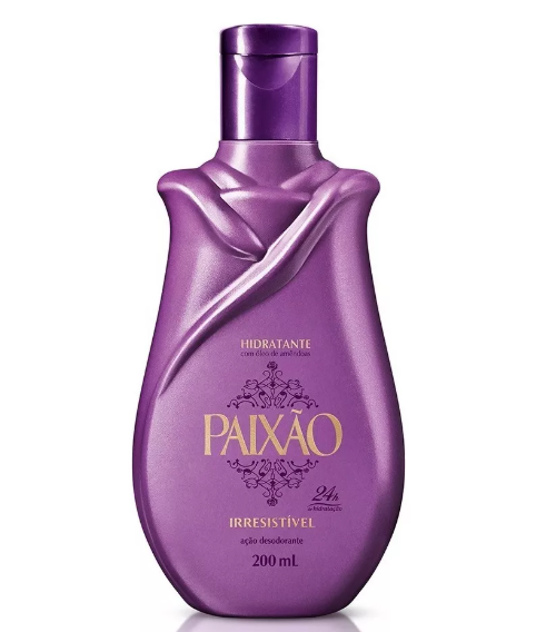 Frasco roxo de hidratante Paixão com tampa e texto dourado
