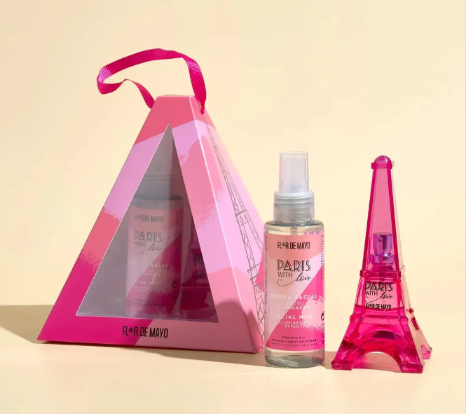 Conjunto de beleza com embalagem pirâmide rosa e frascos rosa Paris with Love