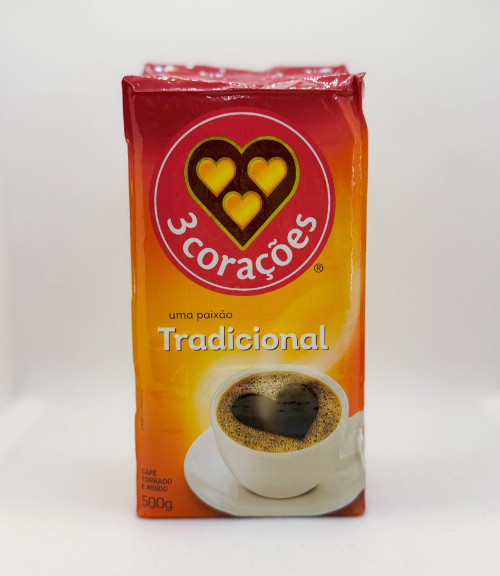 Pacote de café 3 corações Tradicional 500g com imagem de chávena de café e espuma em forma de coração
