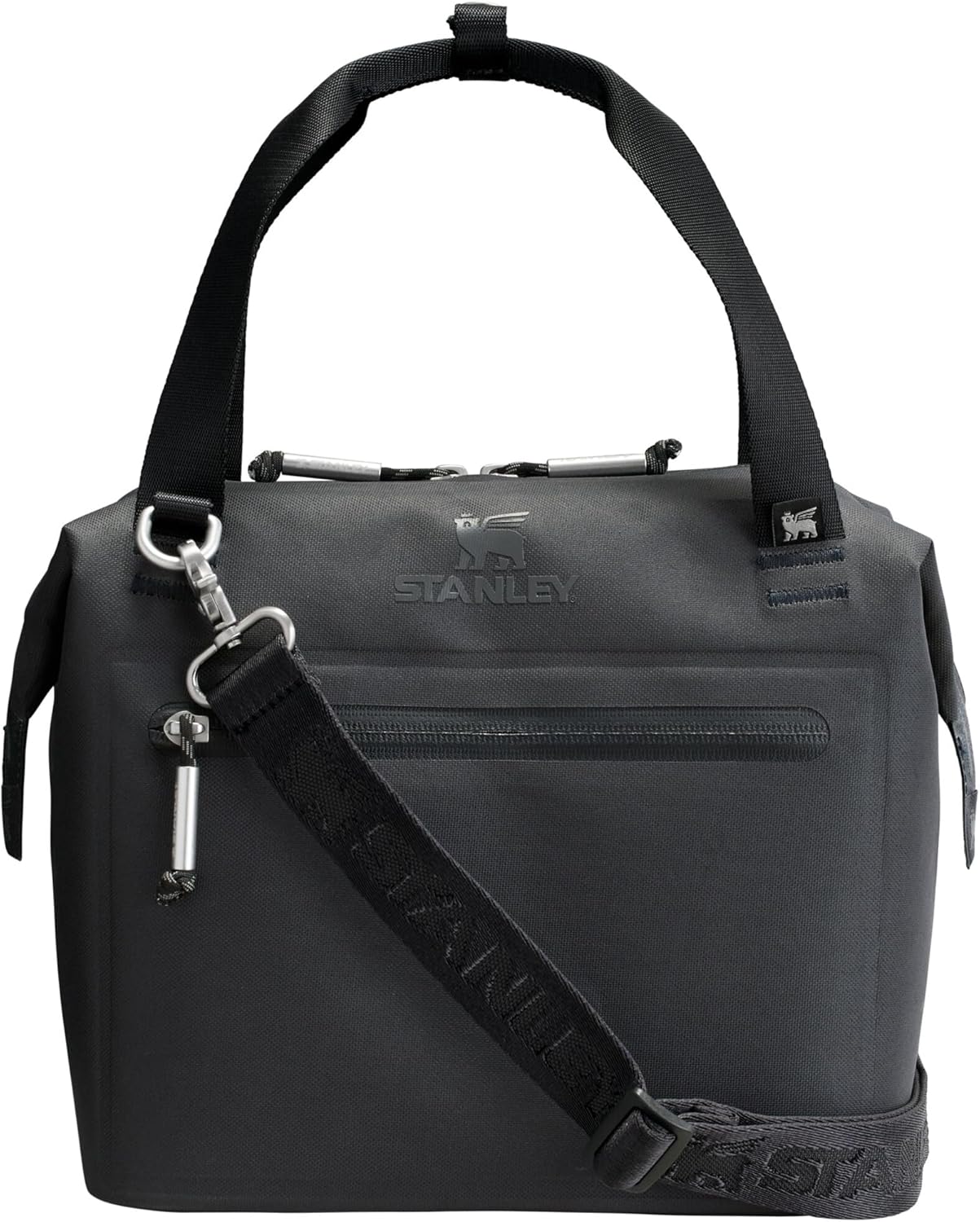 Mala de transporte preta com alças e logo Stanley
