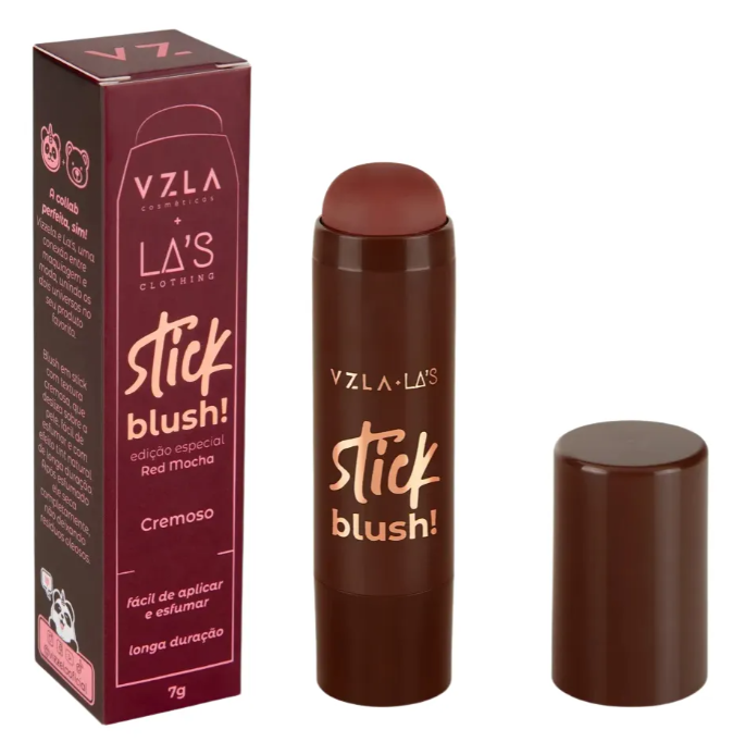 stick blush cremoso em embalagem e caixa marrom e bordô com texto da marca e características