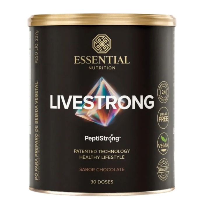 Lata de suplemento Livestrong da Essential Nutrition sabor chocolate.