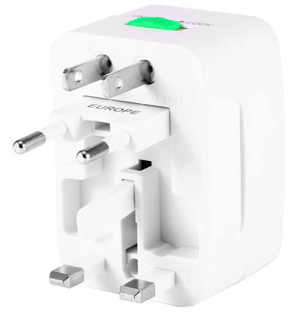 Adaptador de viagem internacional branco com múltiplas entradas de pinos