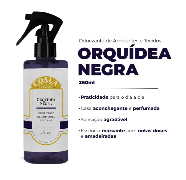 Frasco de odorante Orquídea Negra COALA home roxo com texto descritivo ao lado
