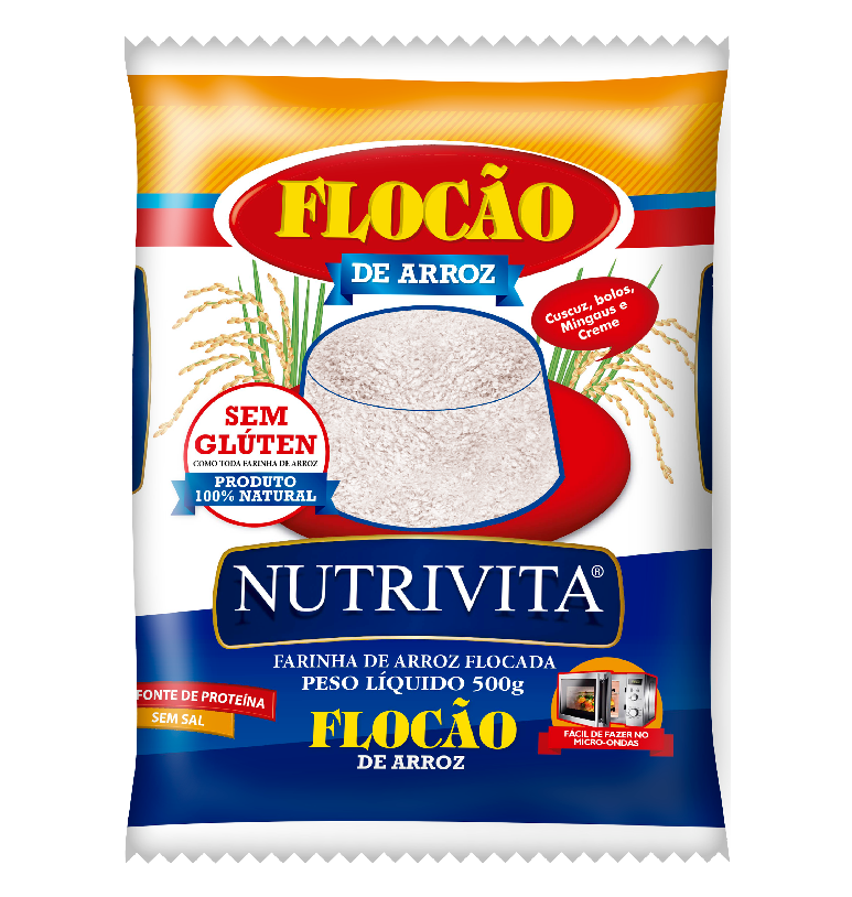 Pacote de farinha de arroz flocado azul, branco, amarelo e vermelho NUTRIVITA 500g
