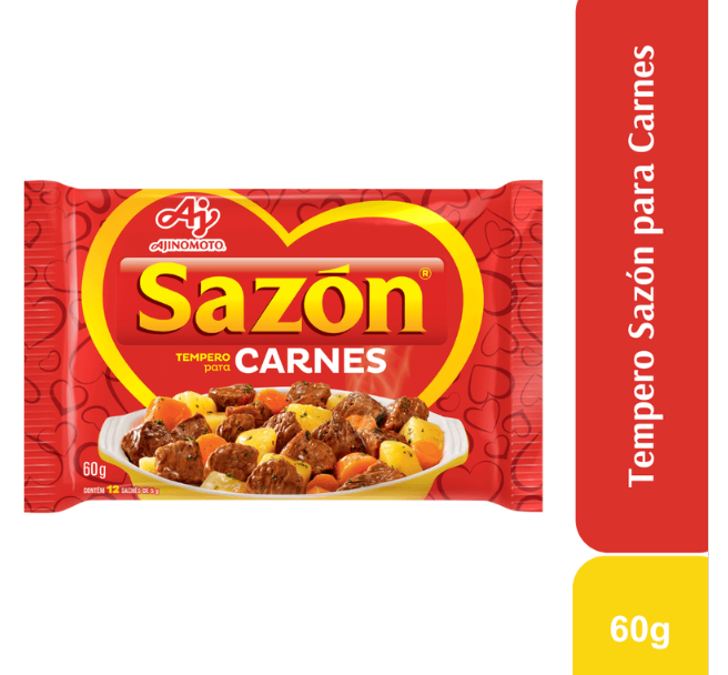 Pacote vermelho de tempero para carnes Sazón com texto e imagem de carne com legumes