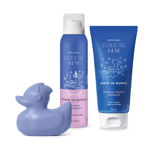 Produtos O Boticário Cuide-se Bem Show de Banho: sabonete espumante, sabonete líquido esfoliante e borracha de banho em forma de pato lilás.