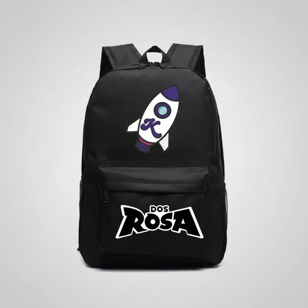 Mochila preta com estampa de foguete e texto ROSA