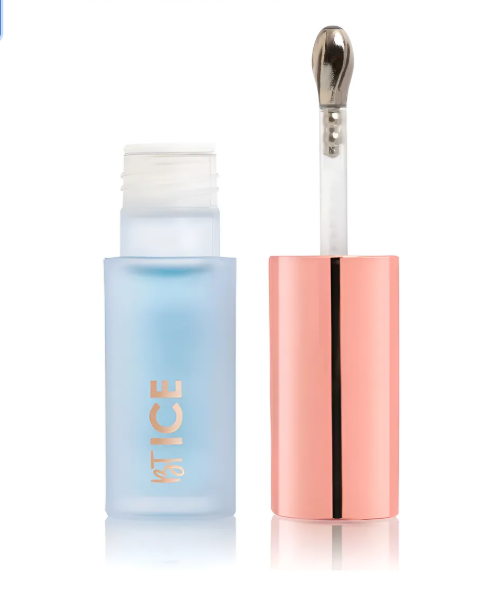 Frasco azul fosco e tampa rosa metálica de produto cosmético com aplicador