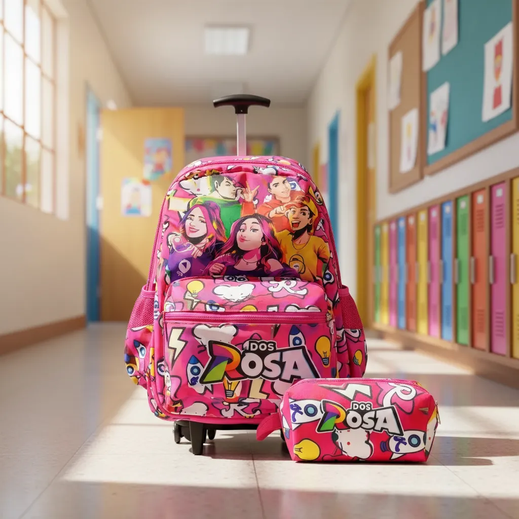 Mochila rosa colorida com rodinhas e necesseire combinando no chão de um corredor escolar