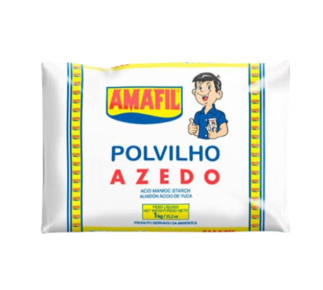 Pacote de polvilho azedo AMAFIL 500g em embalagem branca com amarelo e azul
