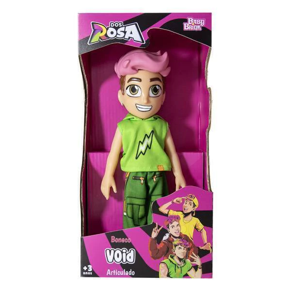Boneco articulado Void com colete verde e cabelo rosa em embalagem rosa e preta