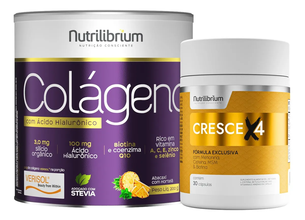 Suplementos Nutrilibrium Colágeno e Cresce X4 em embalagens roxa/branca e branca/dourada