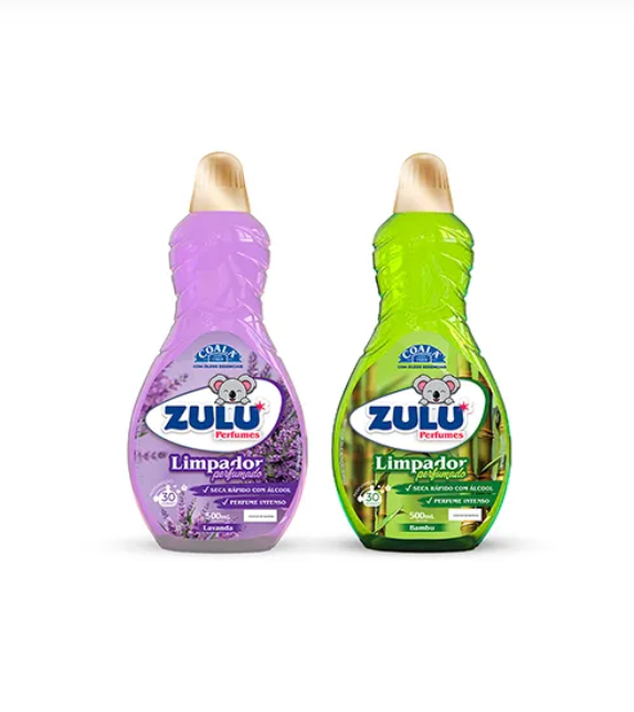 Dois frascos de limpador perfumado Zulu, roxo lavanda e verde bambu, 500ml com tampa dourada.