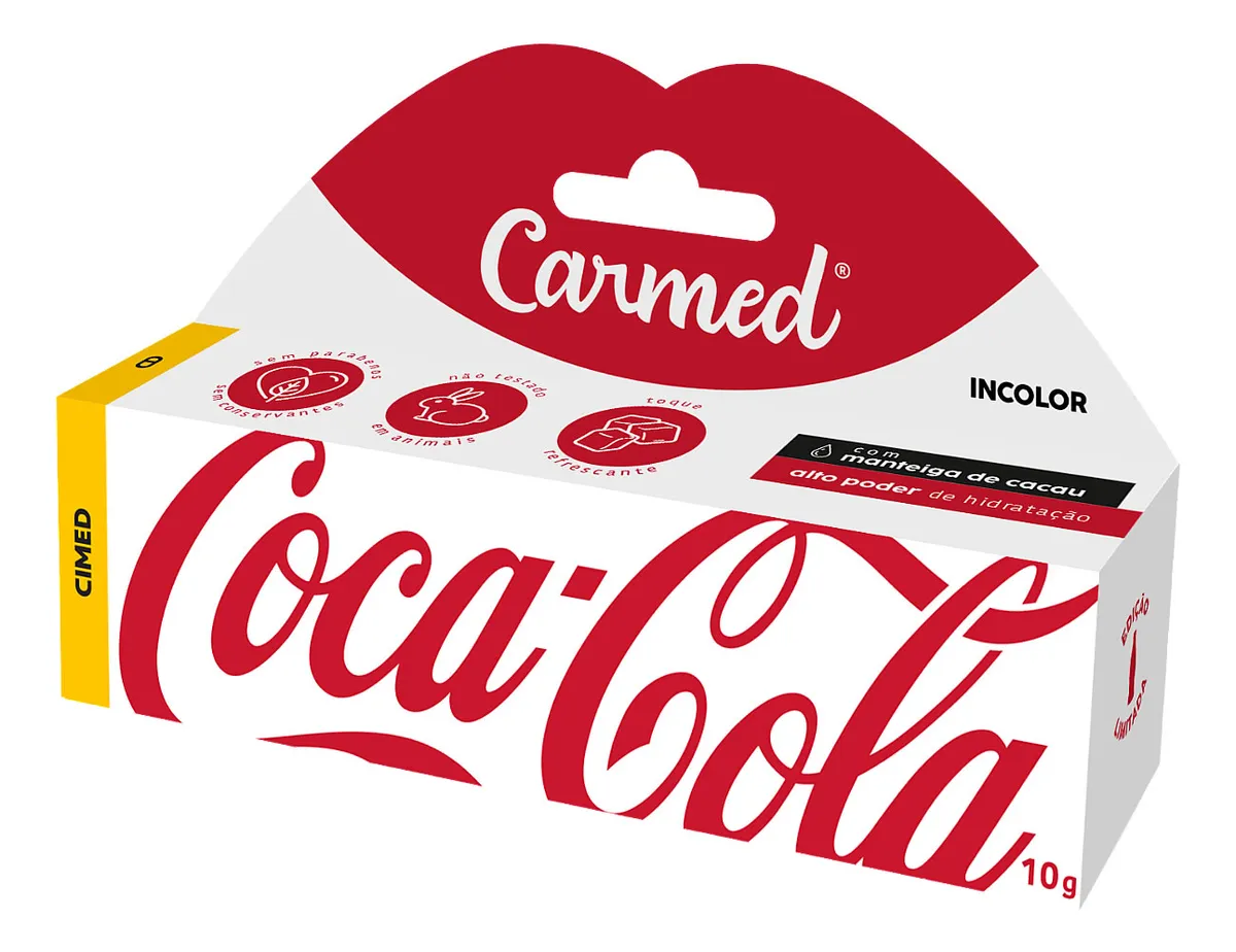 Caixa de produto Carmed com design Coca-Cola em branco e vermelho.