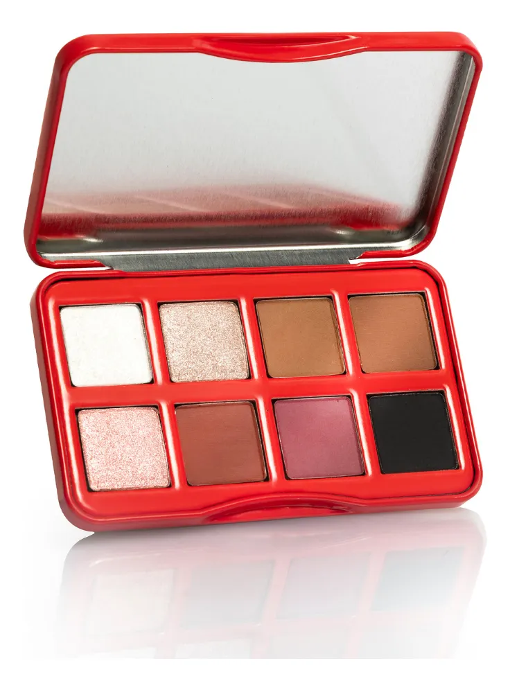 Paleta de sombras de olhos com 8 tons num estojo vermelho aberto