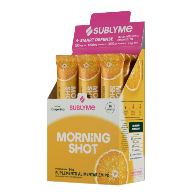 Embalagem de suplemento alimentar Morning Shot sabor tangerina da Sublyme com 14 sachês.