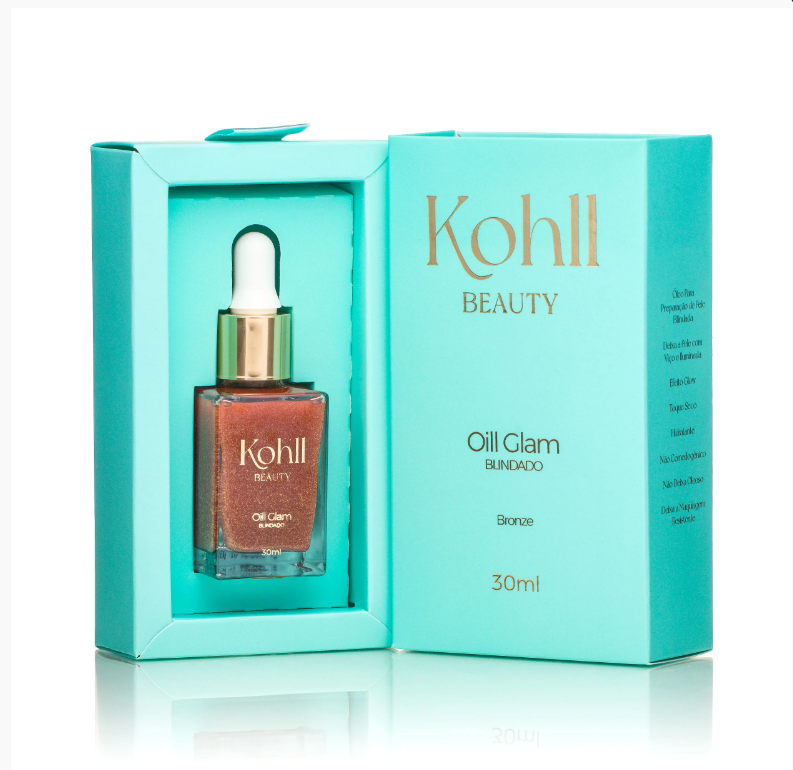 Frasco de óleo bronzeador Kohll Beauty Oil Glam Blindado na sua caixa azul-clara.