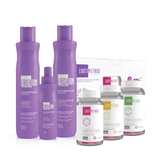 Conjunto de produtos de cuidado capilar e suplementos em embalagem lilás e branca