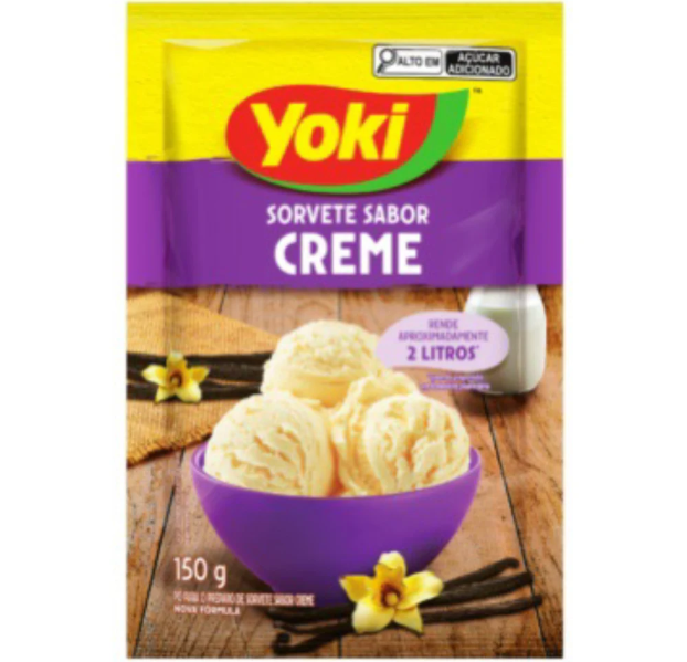 Embalagem do produto Yoki Sorvete Sabor Creme com tigela roxa e sorvete creme