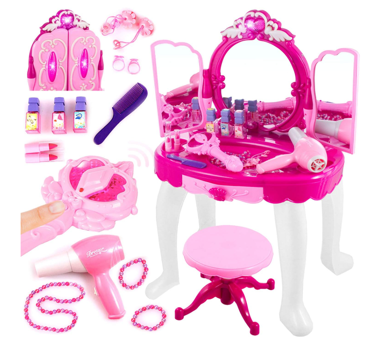 Conjunto de brinquedo penteadeira rosa com espelho e acessórios de cabelo