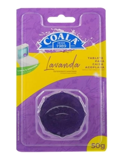 Tablete lavanda Coala para caixa sanitária, embalagem roxa e amarela