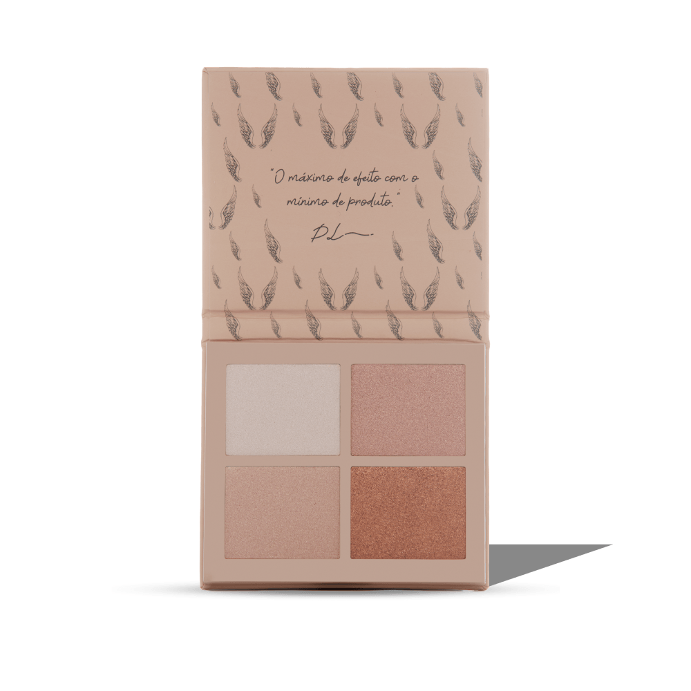 Palete de maquilhagem com quatro sombras ou iluminadores em tons bege e castanho
