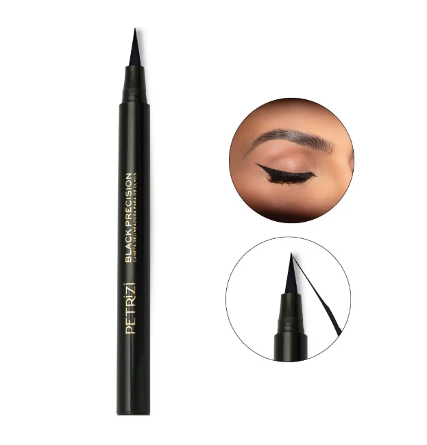 Caneta aplicadora preta PETRIZI Black Precision com ponta fina e imagens circulares demonstrando uso
