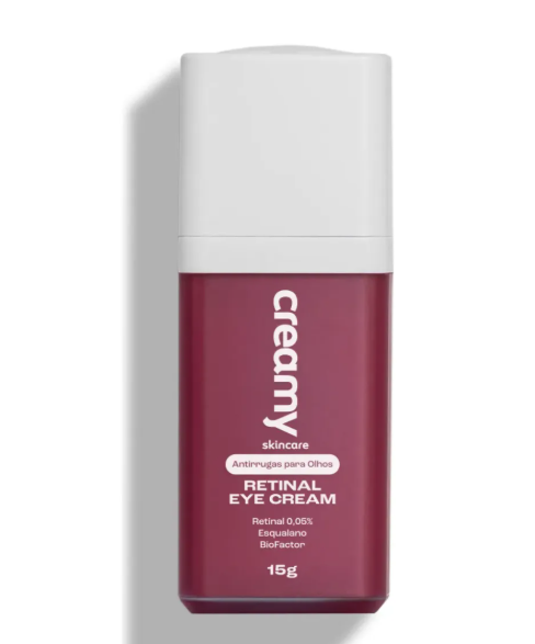 Frasco de creme para olhos bordô com tampa branca e texto branco