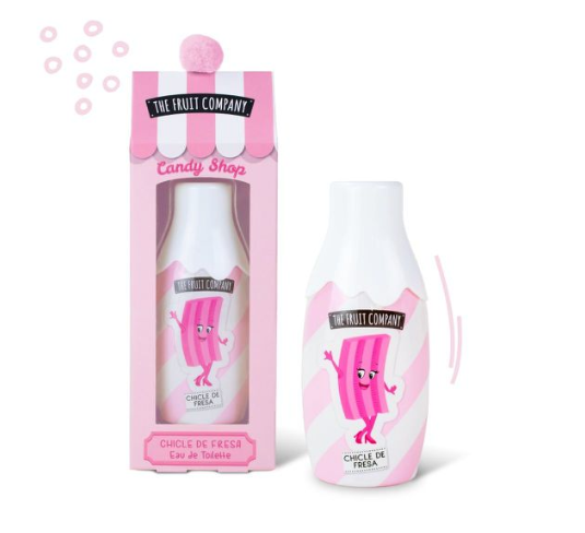 Frasco e embalagem rosa de Eau de Toilette The Fruit Company com ilustração de chiclete rosa e texto CHICLE DE FRESA