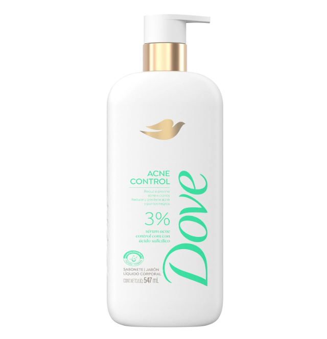 Frasco branco com doseador de sabonete líquido Dove Acne Control 3% ácido salicílico