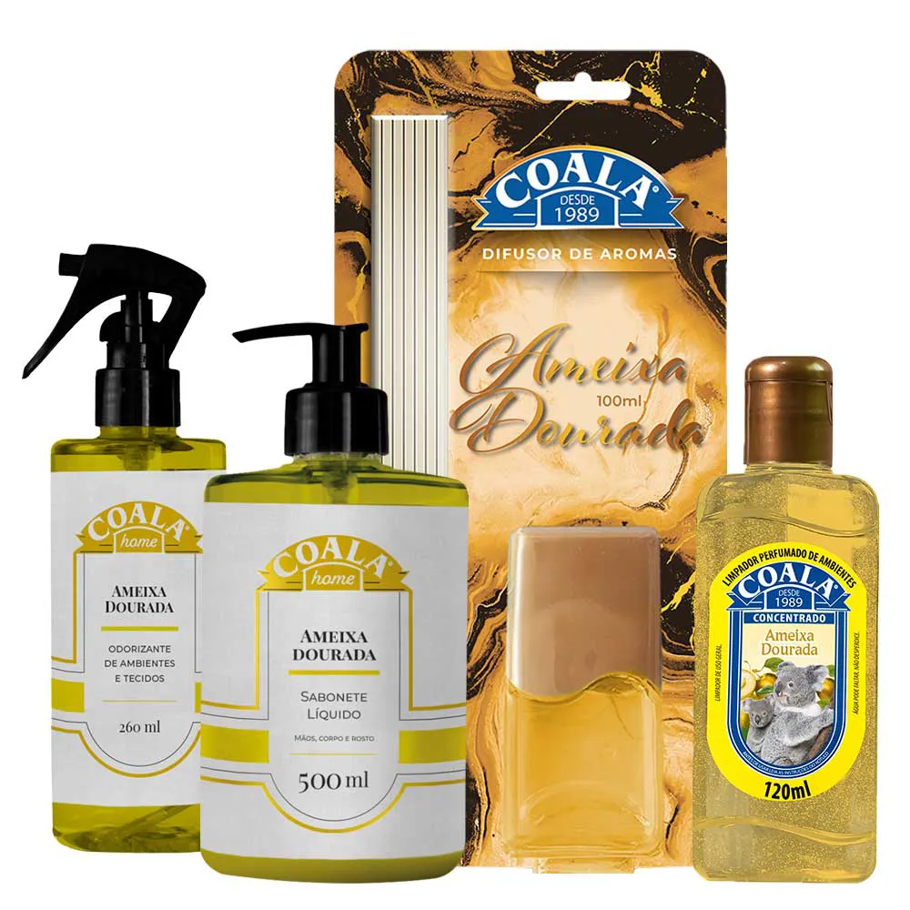 Produtos Coala Ameixa Dourada: spray, sabonete líquido, difusor de aromas e amaciante em embalagens amarelas e brancas