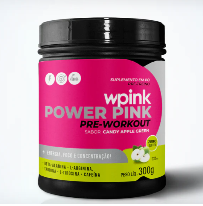 Pote de suplemento pré-treino wpink Power Pink sabor Candy Apple Green