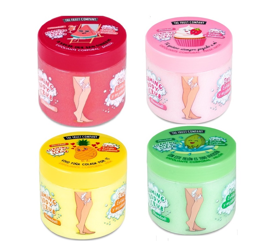 Quatro frascos de creme corporal coloridos com ilustrações de pernas e textos em inglês