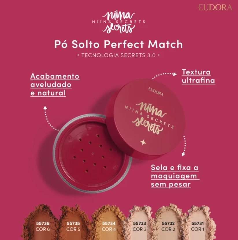 Pó Solto Perfect Match de Eudora em embalagem vermelha com seis tons diferentes em pó solto