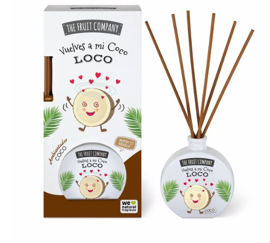 Difusor aromático branco com desenho de coco e caixa com texto e folhas verdes