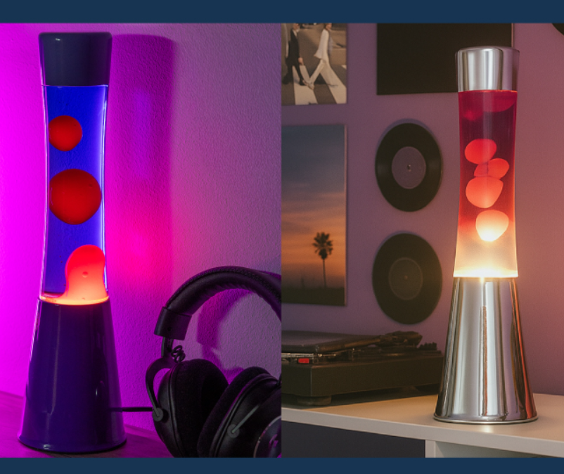 Dois candeeiros lava em ambientes interiores com auscultadores e discos vinil