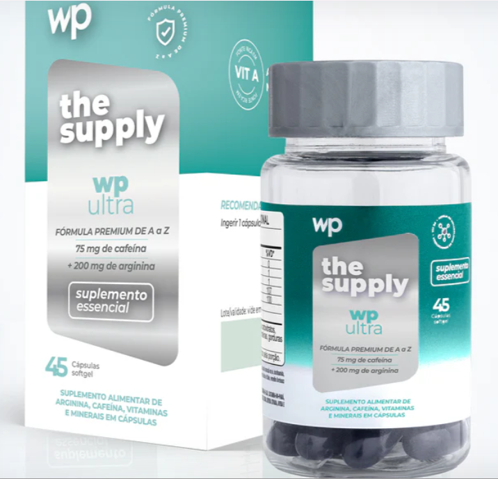 Frasco e caixa do suplemento alimentar the supply wp ultra com cápsulas pretas