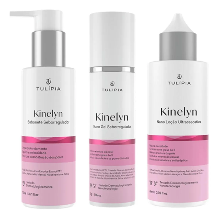 Três frascos de produtos Kinelyn da marca TULÍPIA com rótulos brancos e rosa.