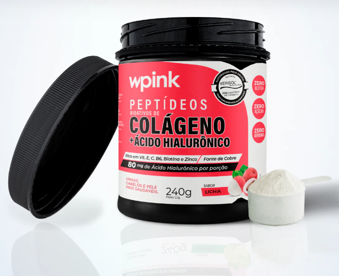 Recipiente preto com suplemento de colágeno em pó e colher cheia ao lado