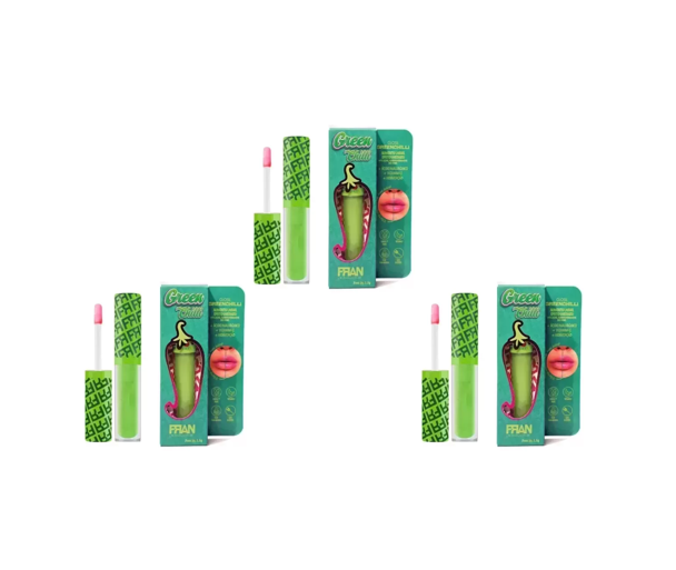 Gloss labial verde com embalagem verde e ilustração de malagueta