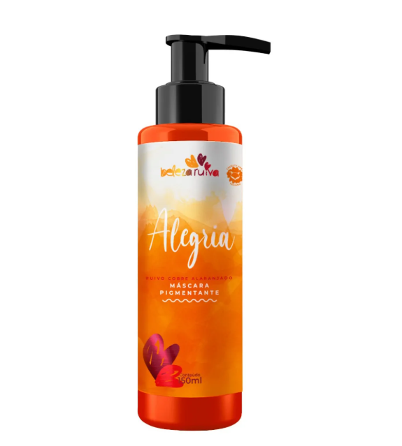 Frasco laranja com tampa preta e rótulo branco e laranja de máscara pigmentante Alegria