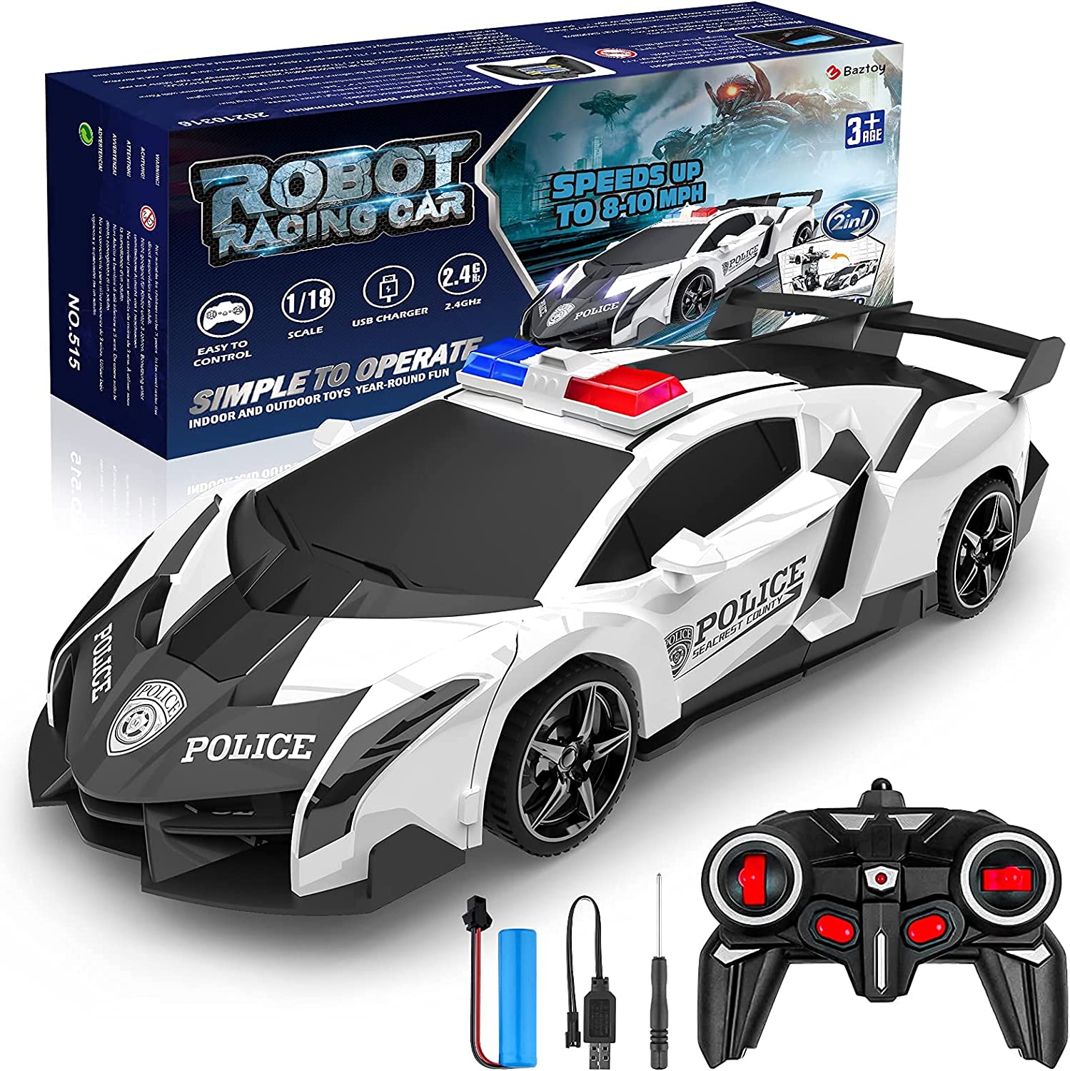 Carro de corrida robot polícia preto e branco com comando e acessórios