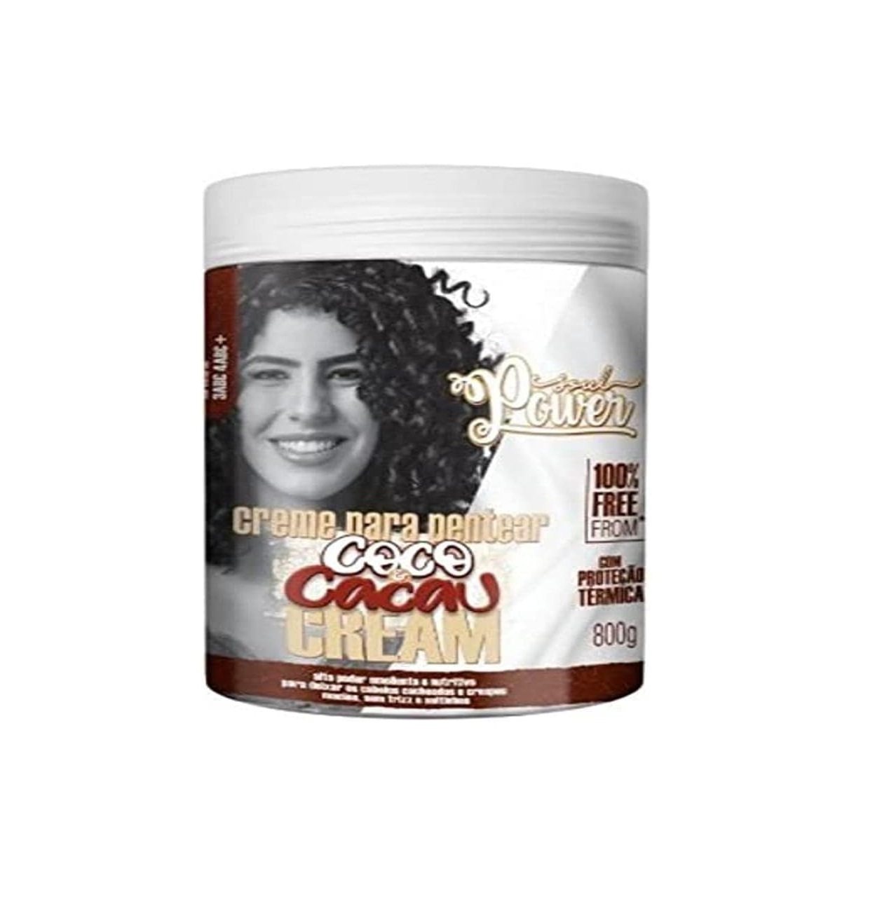 Creme para pentear coco cacao cream com imagem de mulher e textos em embalagem branca e marrom.
