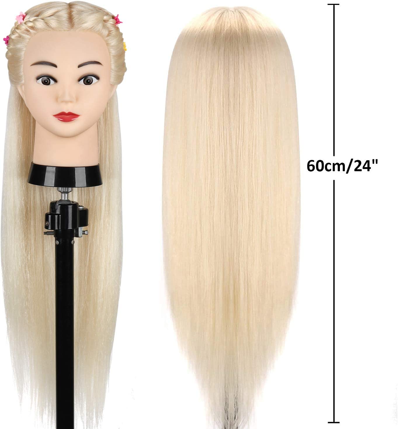 Cabeça de manequim com cabelo loiro longo em suporte preto e indicação 60cm/24