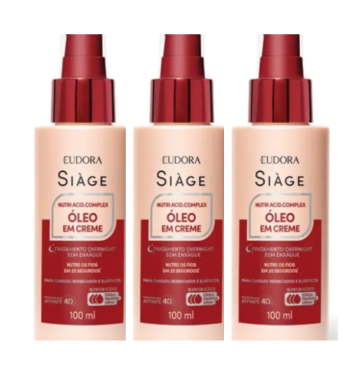 Três frascos de óleo em creme Siàge Eudora com tampas vermelhas