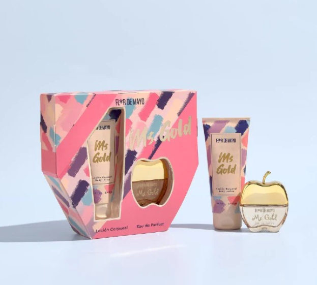 Conjunto de presente REY DE MAYO Ms Gold com loção corporal e perfume em embalagem colorida