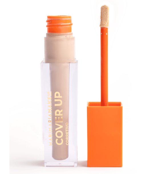 Corretivo líquido com aplicador esponjoso em embalagem transparente e tampa laranja