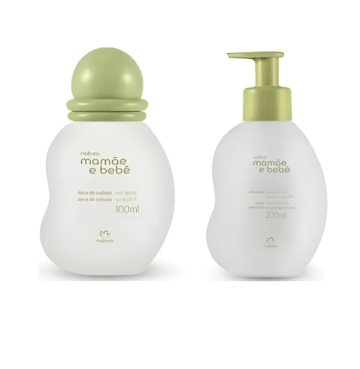 Frascos de produtos Natura mamãe e bebê, um com tampa redonda e outro com doseador, branco e verde.